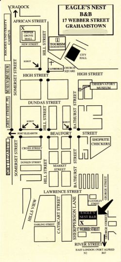 Map Eagles Nest B  B or Self catering in Grahamstown  Cacadu (Sarah Baartman)  Eastern Cape  Afrique du Sud