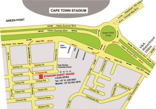 Map Stadium Guest House in Green Point  Atlantic Seaboard  Kapstadt  Western Cape  Südafrika