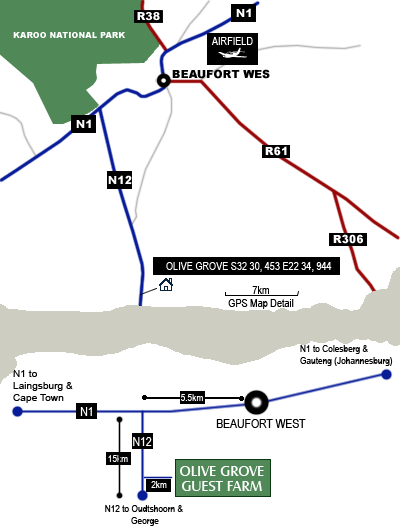 Map Olive Grove Guest Farm in Beaufort West  Karoo  Western Cape  South Africa