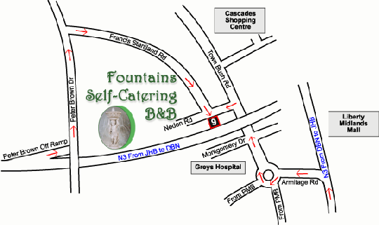 Map Fountains Self Catering B&B in Montrose  Pietermaritzburg  Midlands  KwaZulu Natal  Suid-Afrika