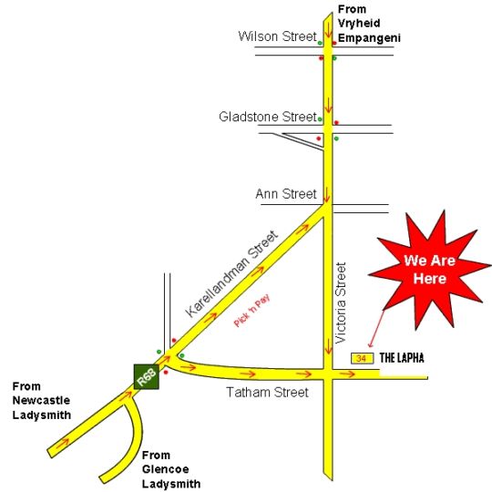 Map The Lapha Guesthouse and Conference Centre in Dundee  Battlefields  KwaZulu Natal  Afrique du Sud