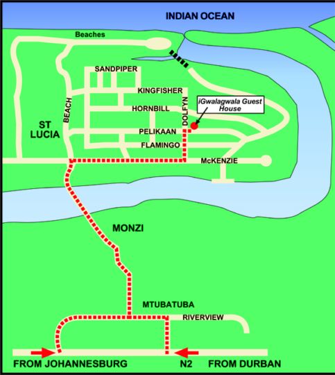 Map Igwalagwala Guest House in St Lucia  Zululand  KwaZulu Natal  South Africa