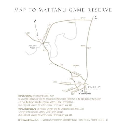 Map Mattanu Private Game Reserve in Barkly West  Diamond Fields  Northern Cape  Afrique du Sud