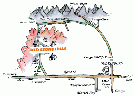 Map Red Stone Hills Holiday Farm in Oudtshoorn  Klein Karoo  Western Cape  Südafrika