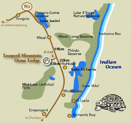 Map Leopard Mountain Safari Lodge in Hluhluwe  Zululand  KwaZulu Natal  Zuid-Afrika