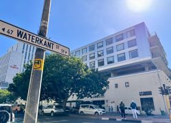 The apartment block exterior as seen from Waterkant Street