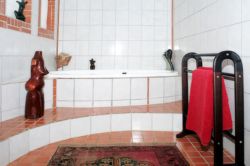 View of the bath in downstairs bathroom, also has shower