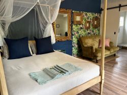 Petrol Blue Room. Queen size bed extra length.