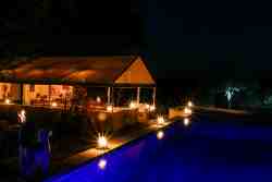 The camp lit up at night 