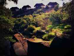 Waterfall at Otters Den looking up at Cottages