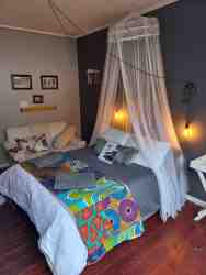 Double bed with over-size bedside globes