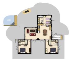 plan de la maison. Chambre 1 à gauche avec terrasse à manger, chambre 2 à droite avec accès à la cuisine terrasse, en haut chambre 3 avec terrasse semi-privée.