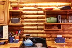 Kitchen stocked with Le Creuset